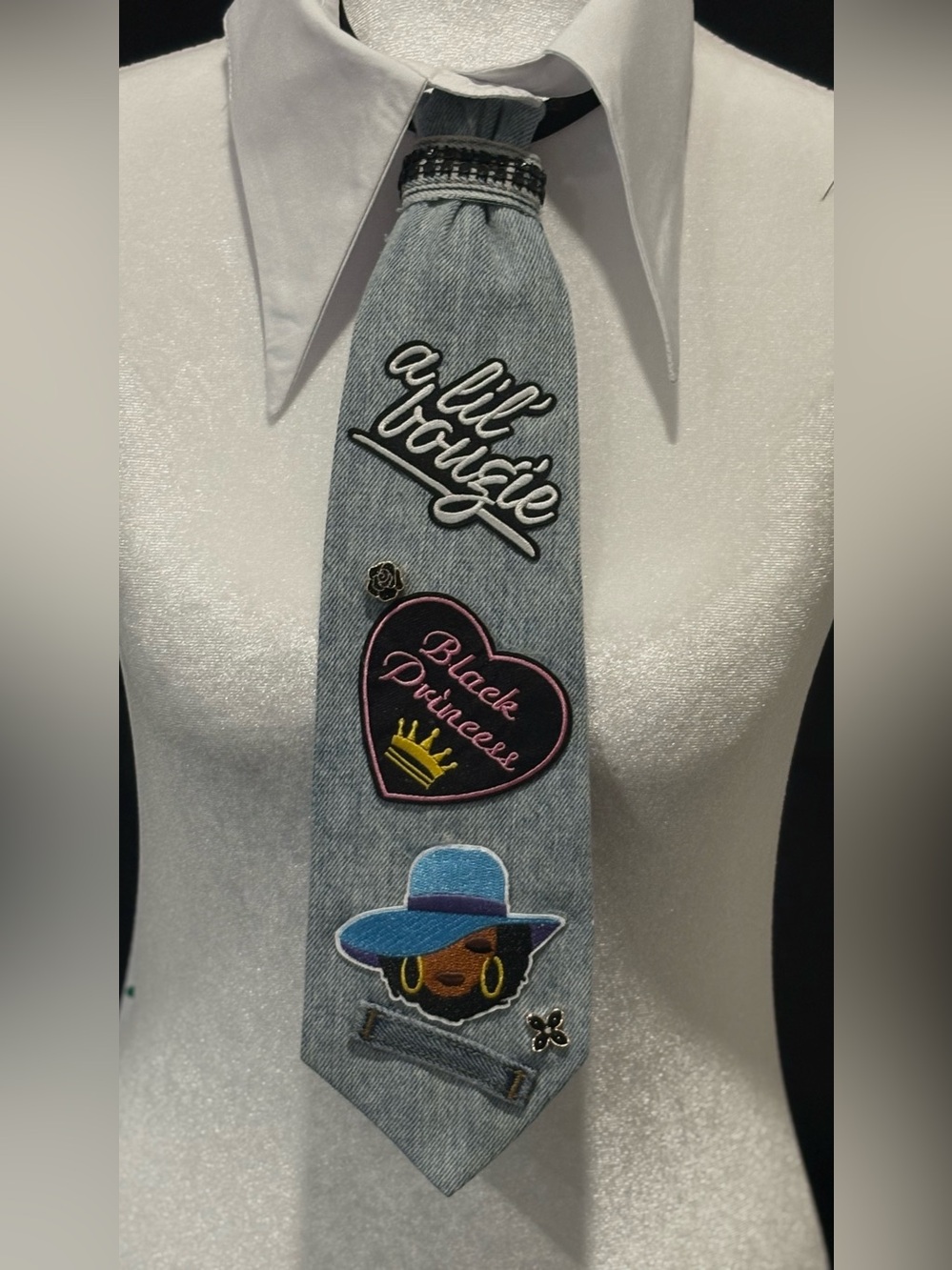 Embroidered Denim Patch Statement Tie - Light Blue